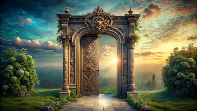 An ornate door frame leading to a fantastical realm blending reality and imagination