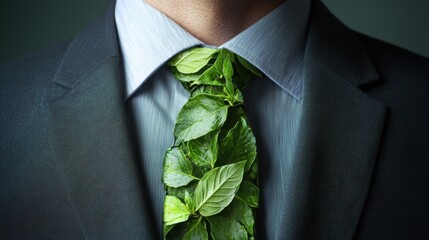 Businessman Wearing Green Leaf Tie Symbolizing Sustainable Corporate Ethos