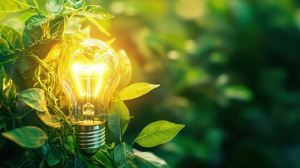Glowing light bulb among lush green leaves hinting at eco friendly and renewable energy solutions