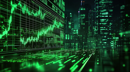 Fototapeta premium Green stock market chart and trading data in the dark, cyberpunk style