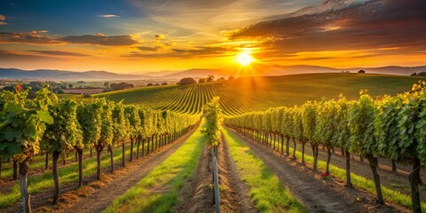 Fototapeta premium Vineyards glowing in the warm light of sunset, showcasing rows of grape vines against a colorful sky