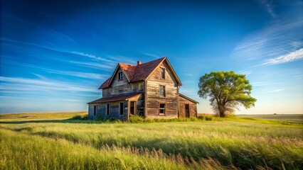 Fototapeta premium Abandoned vintage farmhouse in a wide open field with overgrown grass and clear blue sky