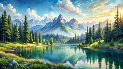Natural summer landscape mountains and lake watercolor