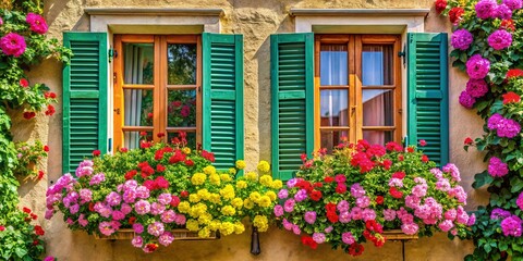 Fototapeta premium Traditional window shutters adorned with vibrant blooming flowers