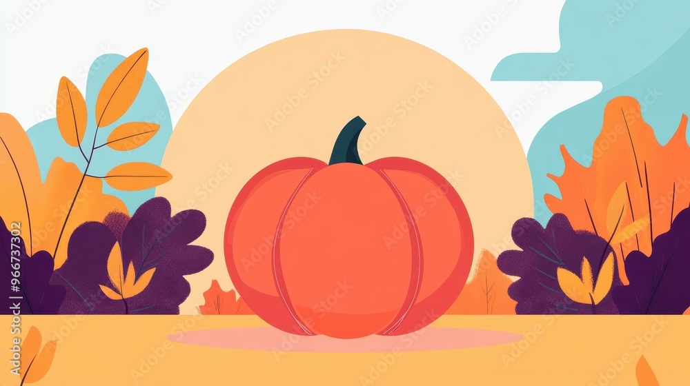 Poster A vibrant pumpkin illustration set against a stunning autumn backdrop, capturing the essence of falls beauty.