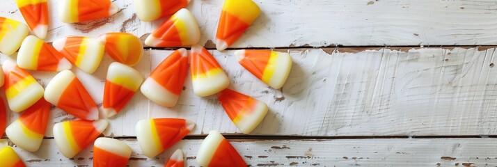 Classic white, orange, and yellow candy corn sweets for Halloween with space for text.