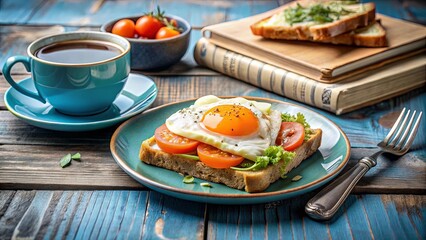 Toast with fried egg, avocado, and salmon spread on blue plate, with coffee and books on shabby wooden table