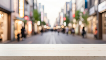 Obraz premium The empty white wooden table top with blur background of streets in japan. For product display