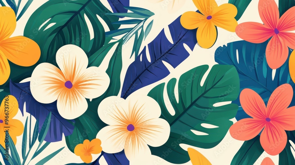 Poster Explore a vibrant tropical floral pattern, perfect for adding a chic touch to your modern designs with exotic charm.