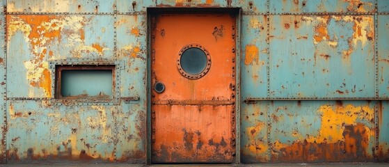 Naklejka premium Weathered Metal Wall with Rusted Orange Door and Circular Window