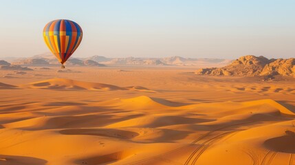 Obraz premium A colorful hot air balloon floats over vast desert dunes at sunset, showcasing the beauty of nature and adventure.