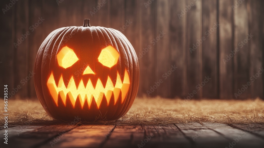 Canvas Prints A glowing carved pumpkin with intricate honeycomb designs adds charm to a rustic barn filled with hay bales.