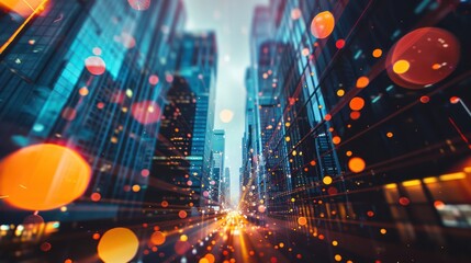 A vibrant cityscape with glowing lights and reflections, creating a dynamic urban atmosphere.