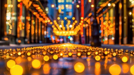 A vibrant street scene illuminated by warm lights, creating a cozy and inviting atmosphere.