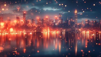 Obraz premium Cityscape at Dusk with Reflections in Water and Bokeh Lights