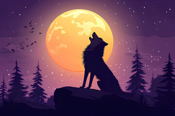 A silhouetted wolf howling at a large moon amidst a starry night and pine trees.