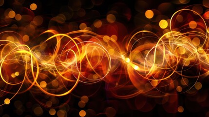 A vibrant abstract design featuring swirling lines and glowing orbs in warm colors.