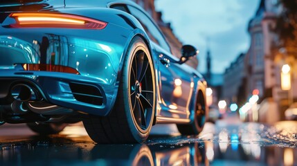A sleek sports car parked on a wet street, reflecting city lights in the evening.