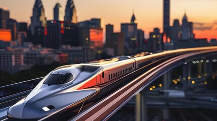 A futuristic train travels through a city skyline at sunset, showcasing advanced transport technology.