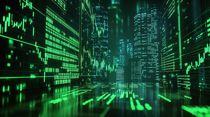 Green stock market chart and trading data in the dark, cyberpunk style