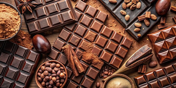 Close up macro shot of various forms of chocolate including dark chocolate pieces, milk chocolate in galeta, tiles, and cocoa powder, view from above