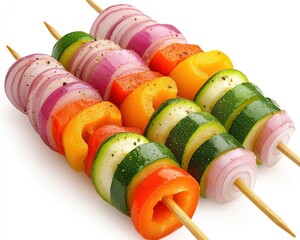 A skewer of vegetables including peppers, onions, and zucchini