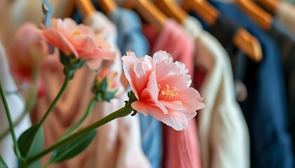 Charming display of clothing on a rack with softly blurred flowers creating a vibrant backdrop