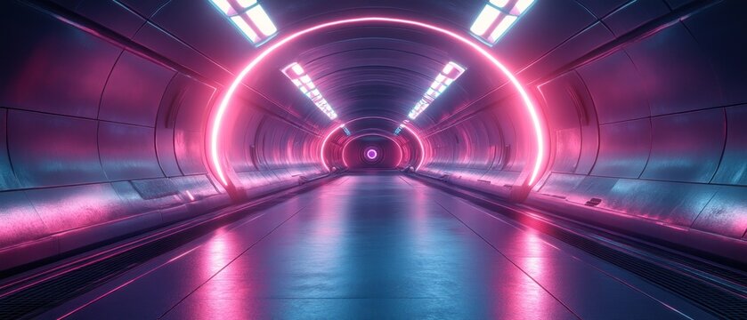Futuristic Tunnel with Neon Lights and Reflective Floor