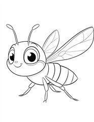 Coloring page for kids, a cute cartoon bee with big eyes flying, in a thick line art style, on a white background,