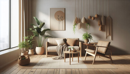 A modern interior design with a minimalist aesthetic, featuring natural wooden furniture, earth-toned fabrics, and potted plants creating a calm and organic atmosphere.