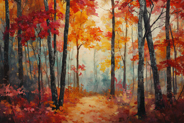 Obraz premium A serene autumn forest with vibrant foliage and a gentle path through the trees.