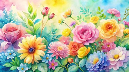 Watercolor painting of July flowers in bright pinks, yellows, light blues, and pastels with light green leaves, featuring an LGBTQ pastel color palette