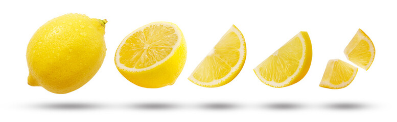 Flying lemon has water drop with slices lemon collection and shadow isolated on white background , clipping path.