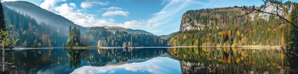 Canvas Prints Serene alpine lake with transparent waters mirroring wooded landscapes and rocky formations beneath a clear blue sky