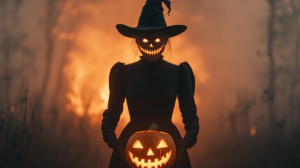 Halloween Witch Holding a Jack-o'-lantern in a Misty Forest