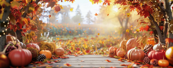 Scenic autumn landscape with pumpkins and falling leaves