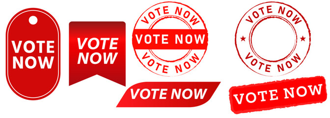 Vote now election politics elect voting democracy system stamp red badge ribbon design set collection