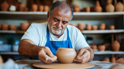 Elderly potter shaping clay