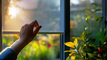 Hand adjusting a smart window shade, view of the garden outside