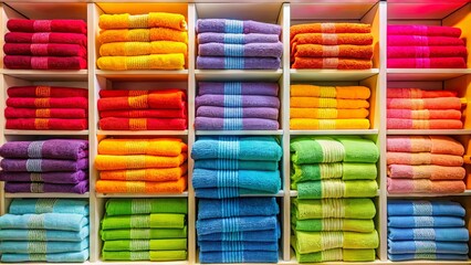 Vibrant multicolour towel rolls stacked neatly on a shelf