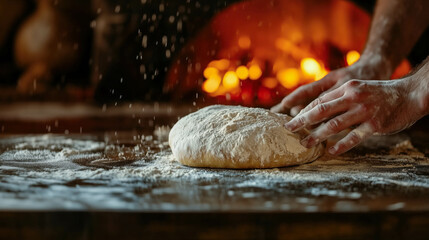 Obraz premium Traditional Sourdough Bread Baking in Wood-Fired Oven