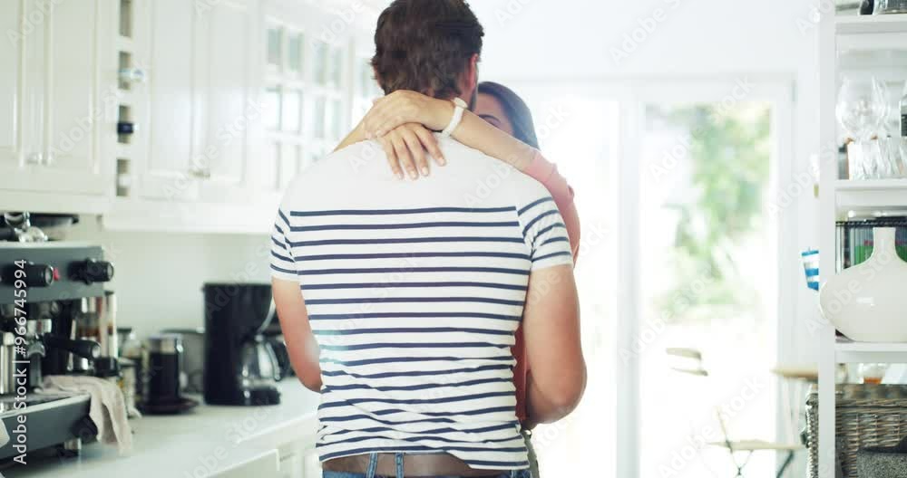 Sticker Happy man, woman and dancing in kitchen for fun, bond and relationship with love. People, married or couple with laugh for funny joke, silly and goofy for activity, celebration and energy in home