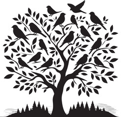 black tree silhouettes Vector with birds, birds silhouette vector