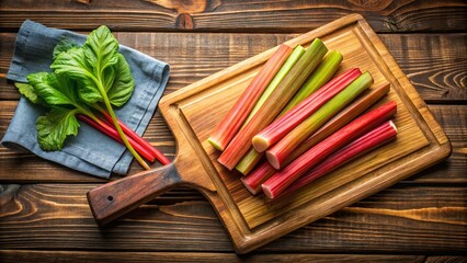 Fresh organic rhubarb stalks arranged on a wooden cutting board