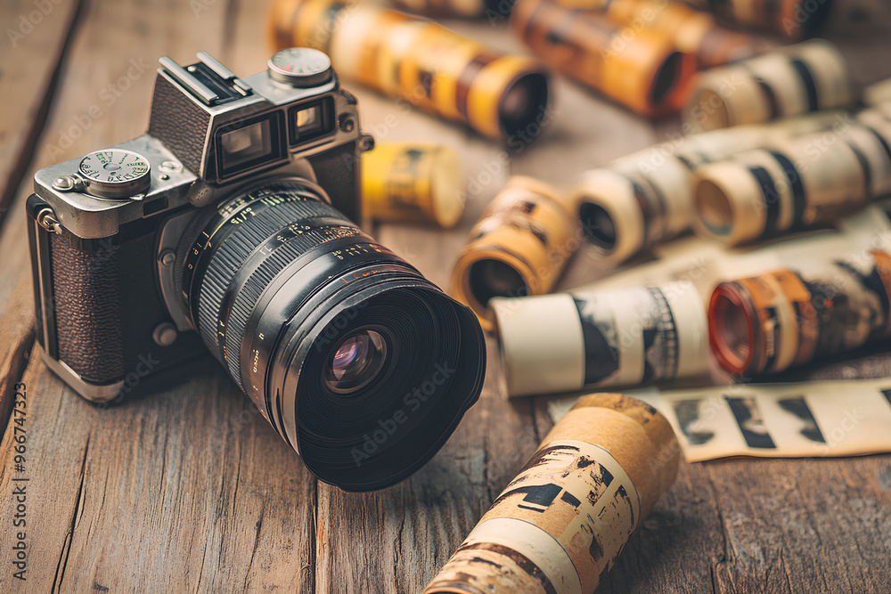 Wall mural a vintage camera surrounded by rolled photographs on a wooden surface.