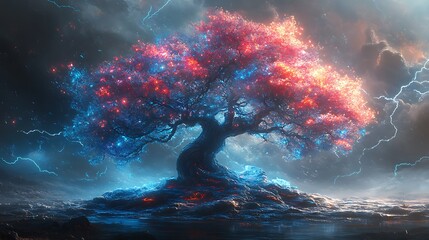 A glowing tree with blue and red leaves stands tall amidst stormy skies and lightning strikes.