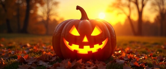 Halloween Pumpkin Lantern Illuminating Fall Leaves at Sunset