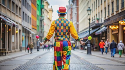 Back view street juggler in bright clothing, juggler, street performer, entertainment, outdoor, colorful, talent