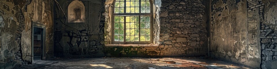 Window in a historic fortress Empty hall within an abandoned military stronghold Room in a timeless castle