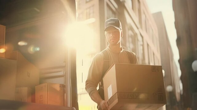 Delivery man in a professional uniform carries a cardboard box from a van in the city, providing fast service to customers